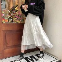 korean style mesh patchwork long skirt autumn pleated skirt harajuku white high waist skirt school sweet women clothing