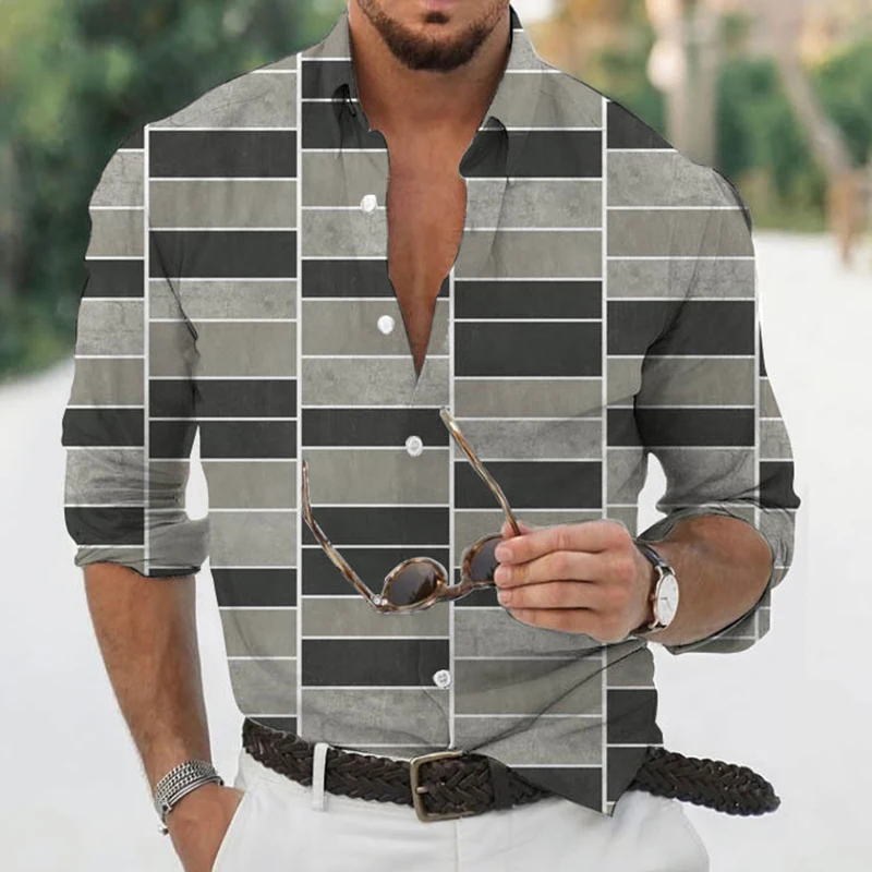 

Men's Autumn Polyester Long Sleeve Shirt Plaid Print Casual Male Top Turn-down Collar shirts Clothes Blouse Clothing For Men