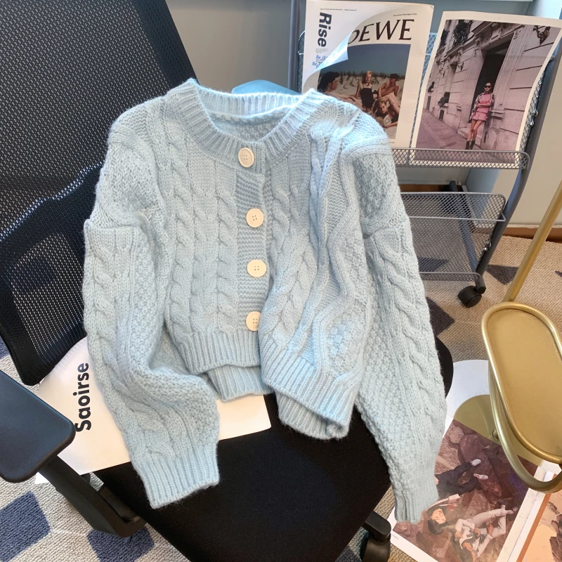 Корейский милый женский свитер с круглым вырезом пальто короткий кардиган на