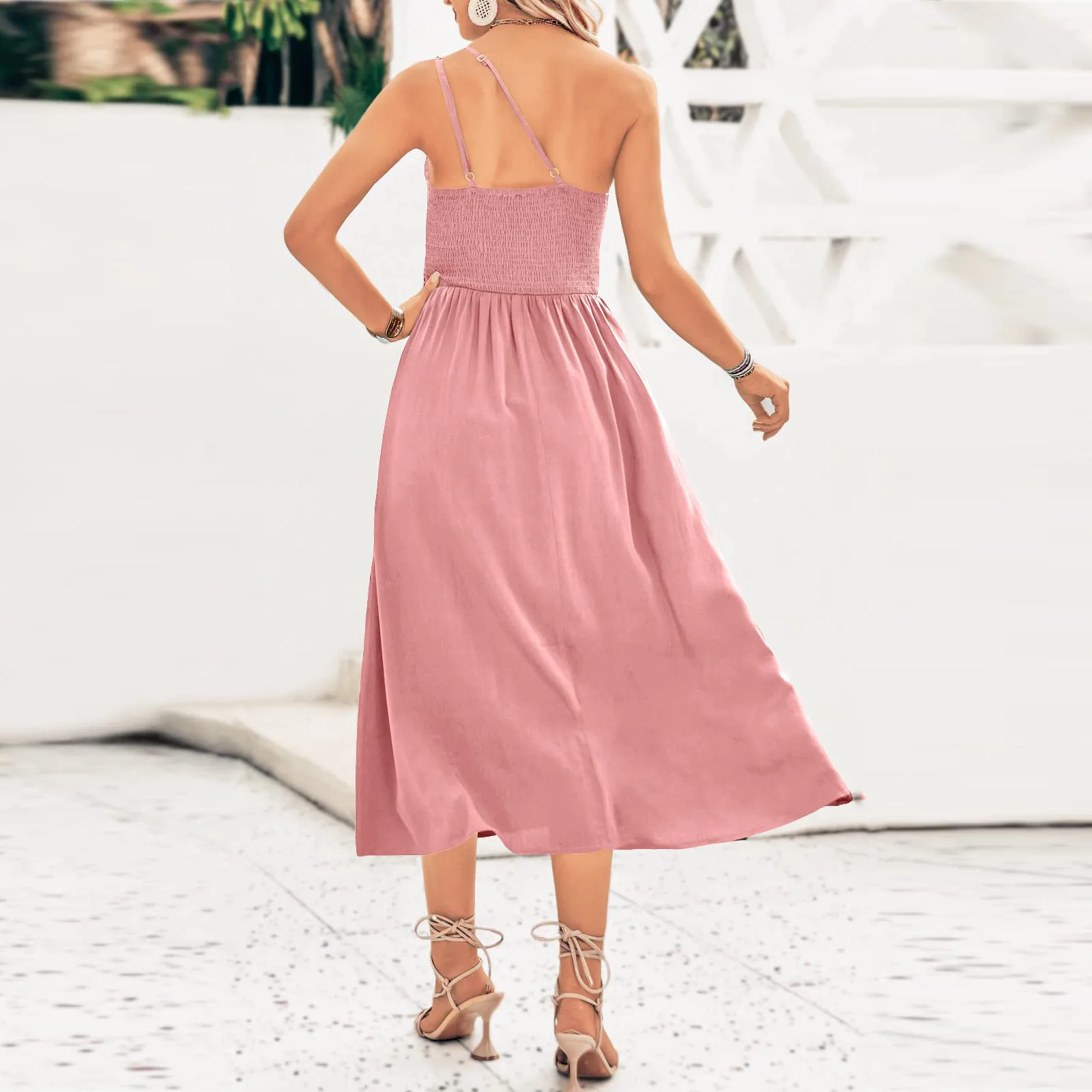 

Women Summer Casual Temperament Solid Color Floral Print Slanted Shoulder Sling Pleated Sleeveless Woman Summer Casual Dress