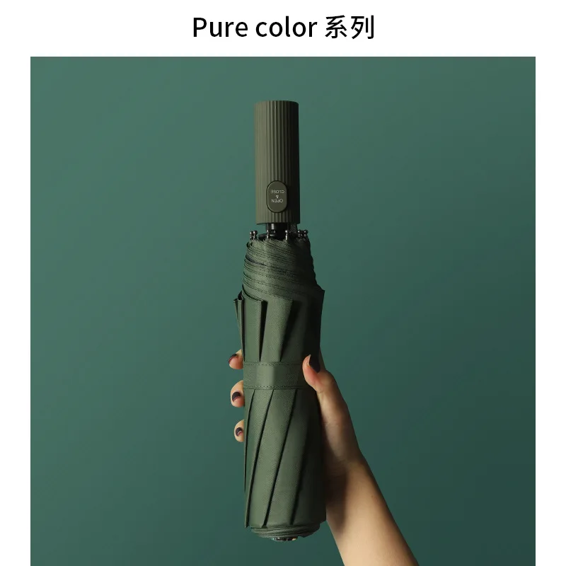 

Creative 10 Ribs Umbrella Automatic Umbrella Three Folding Windproof Solid Color Business Pongee Umbrella Black Coating Umbrella