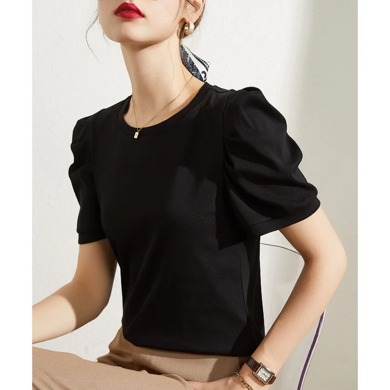 

Short-sleeved t-shirt women's autumn new solid color half-sleeved pleated puff sleeve top black