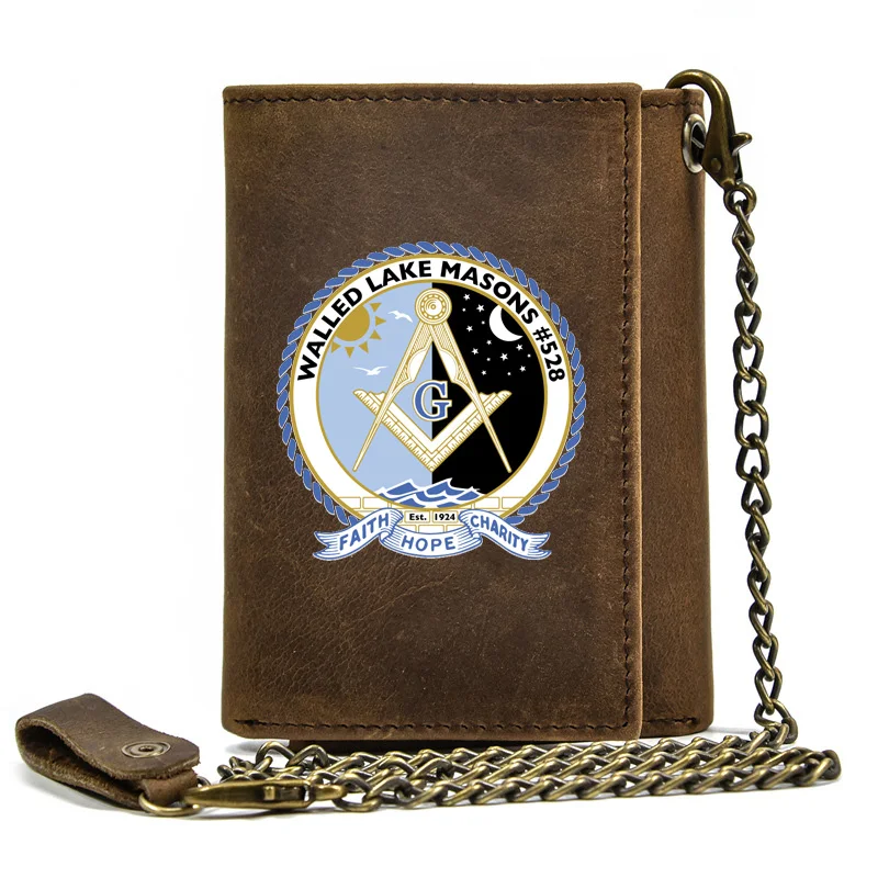

Genuine Leather Men Wallet Anti Theft Hasp With Iron Chain Classic Walled Lake Masons #528 Cover Card Holder Rfid Short Purse