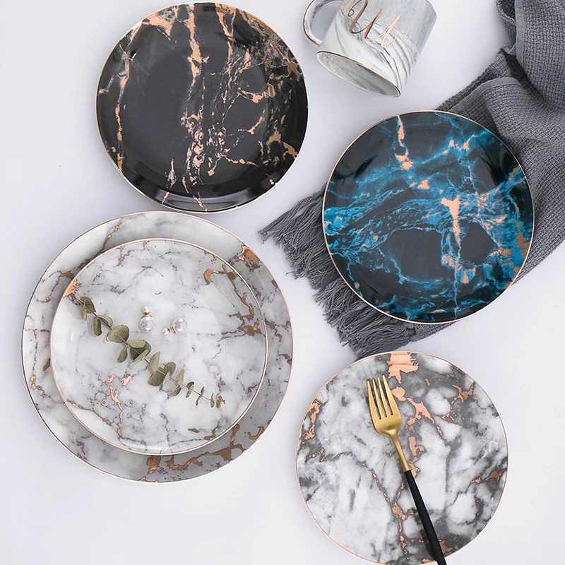

European Style Marble Plates Ceramic Dinner Set Gold Inlay Porcelain Dessert Plate Steak Salad Snack Cake Tableware