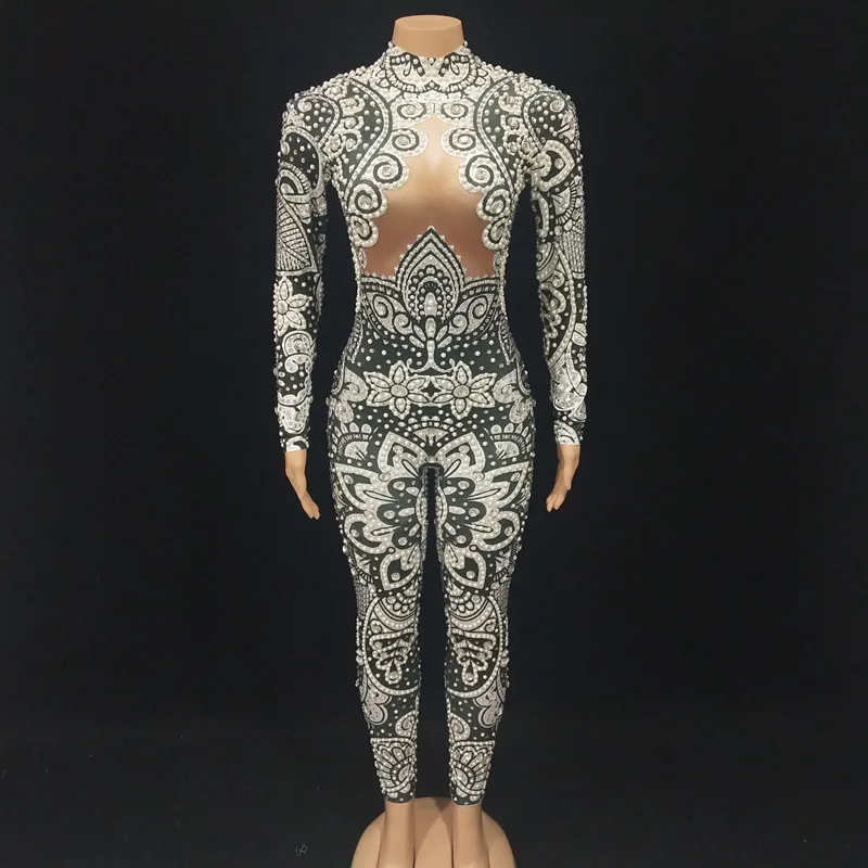 Women Pearl Rhinestones Printed Jumpsuit Long Sleeve Crystals Rompers Fashion Evening Prom Birthday Party Tights Stage Costume