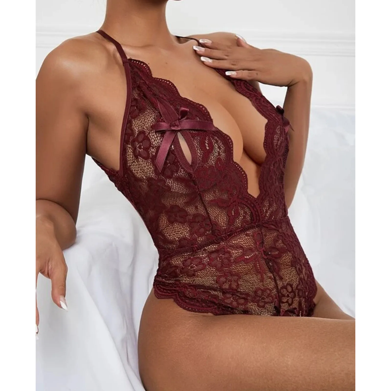 

Women V Neck Embroidery Sensual Lingerie Sexy Lace Cutout Bras Backless Lanyard Underwear Conjoined Tight Lace Underwear Women