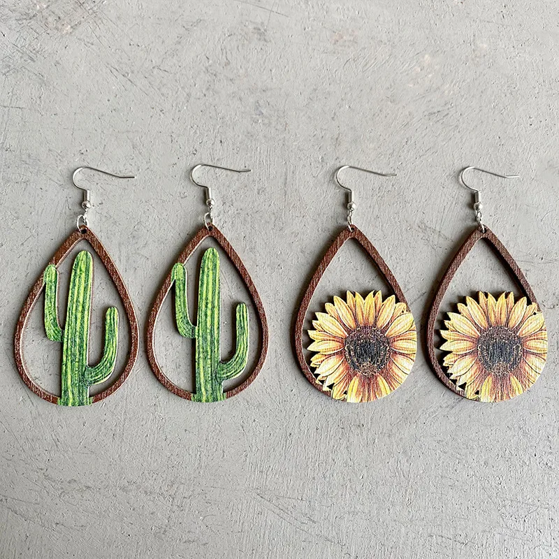 

New Sunflower Cactus Earrings for Women Laser Cutout Teardrop Autumn Ear Jewelry Popular Jewelry Gifts Wholesale