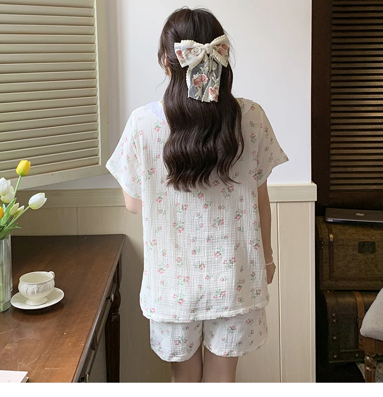Pastoral floral doll collar short-sleeved shorts pajamas women's summer thin cotton gauze cardigan home service suit