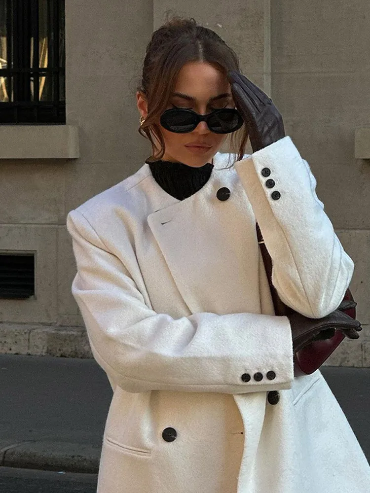 Модное однотонное двубортное шерстяное пальто с круглым вырезом женское