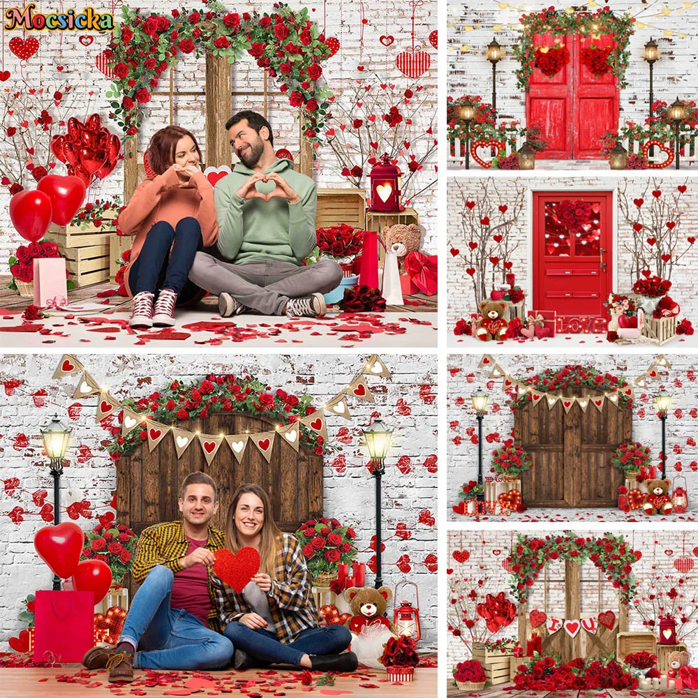 

Valentine Day Photography Backdrop Vintage Brick Wall Rustic Wood Wedding Love Hearts Bridal Shower Portrait Photo Background