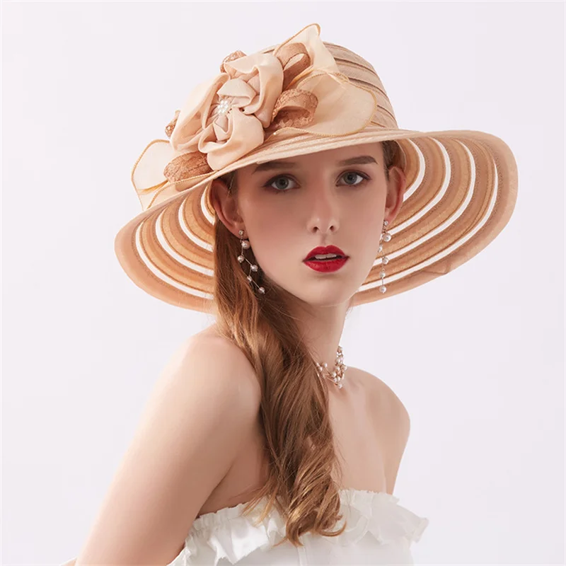 Elegant Women Feather Flower Striped Kentucky Derby Hat Wide Brim Church Dress Sun Hat Lady Summer Beach Party Wedding Hat