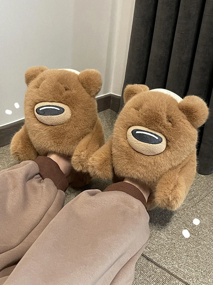 

Embracing Bear Cotton Plush Slippers Women 2022 Winter Lovely Warm Woolen Man Couple Slippers Thick Soled Lovers Home Shoes
