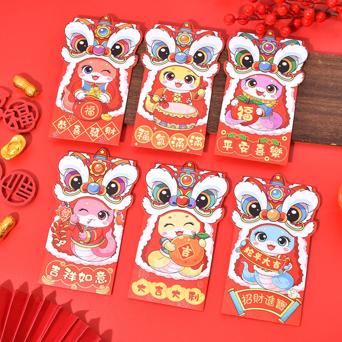 6 шт. красные конверты в китайском Новом году 2025 милая змея красный карман для