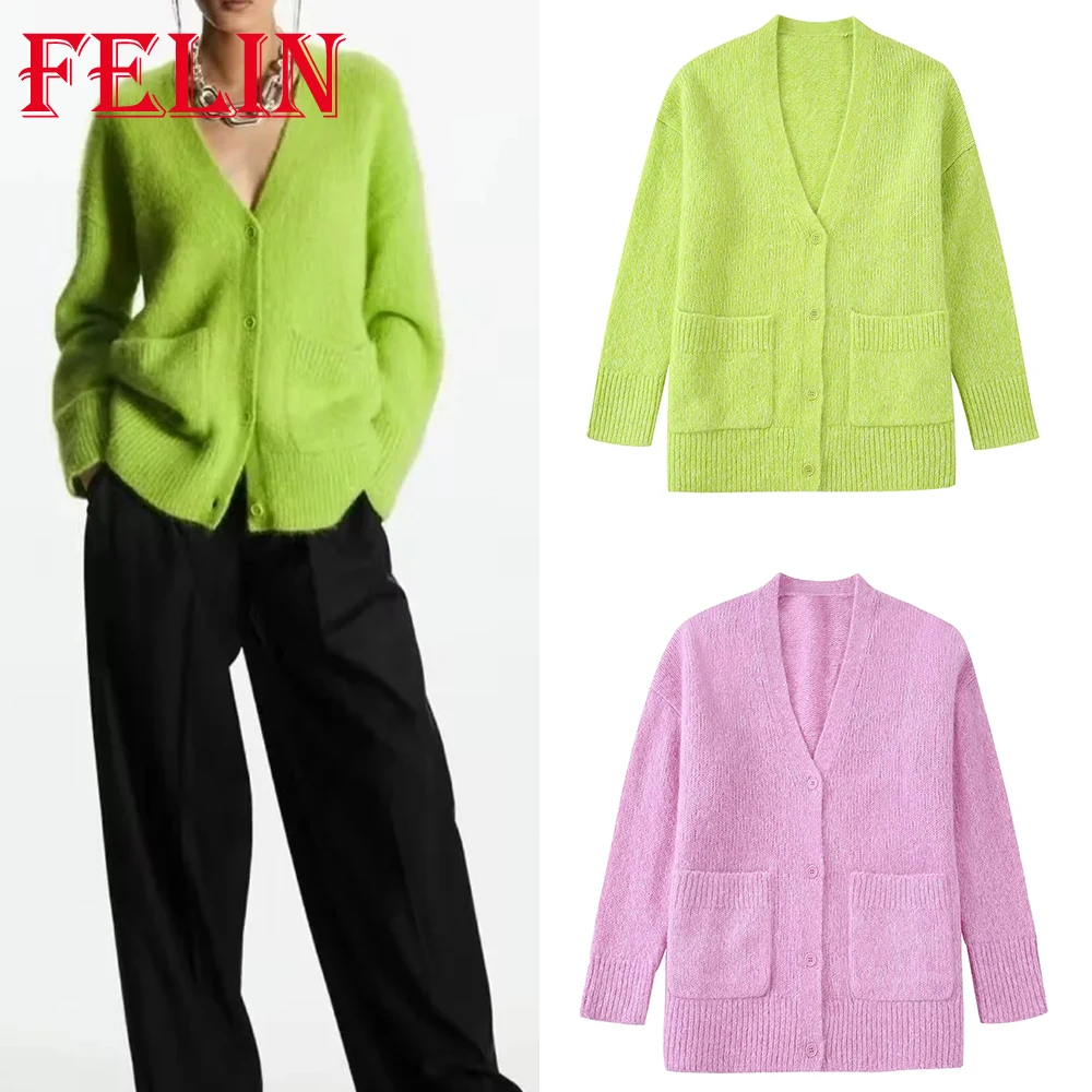 

TRAF Chic Sold Green Oversized Women Cardigans Long Sleeve V Neck Button Mujer Blouses Fashion 2022 Female Casual Autumn Sweater