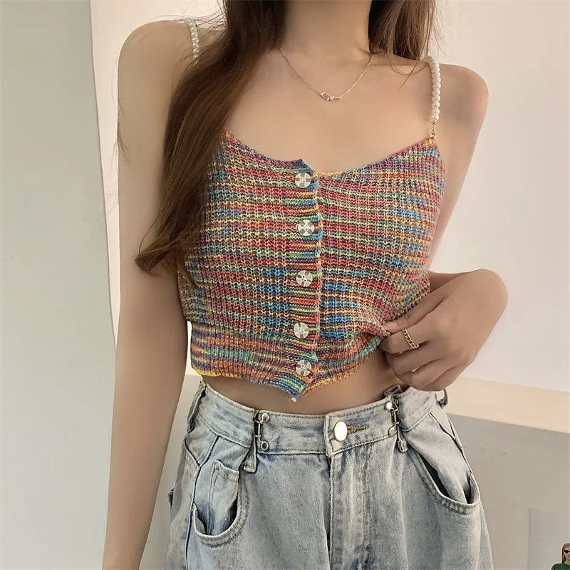 

French Style Knitted Crop Tanks Tops Pearl Straps Y2K Clothes for Women Sexy Tie Dye Camis 2023 Slim Vacation Summer Outwear