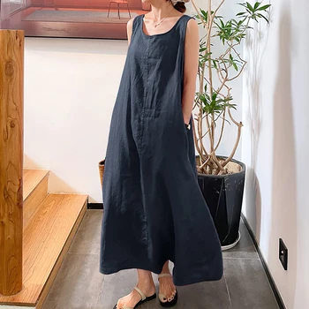 Summer Cotton Linen Dress Women Maxi Dress Round Neck Long Tanks Loose Dress Bohemian Plus Size Beach Boho Dress Vestidos 2023 1