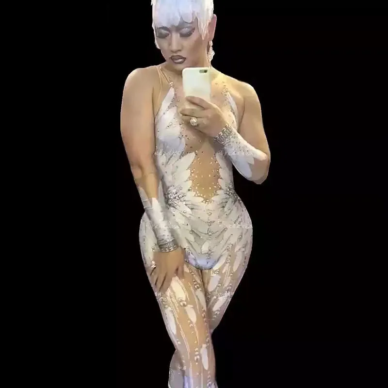 

Женский комбинезон Стразы с принтом, с открытой спиной и перьями