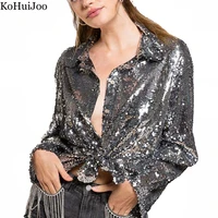 kohuijoo luxury sequined blouse women street style long sleeve sexy sequin shirt silver party loose woman shirt autumn clothes