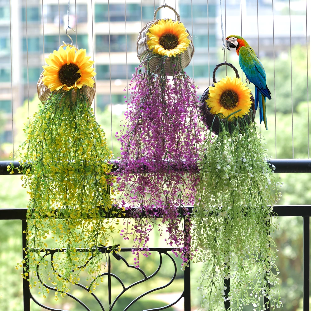 

Artificial Green Plants Wall Hanging Wicker Rattam Basket Seaweed Grape Fake Flowers Vine Home Garden Wall Party Decoration.