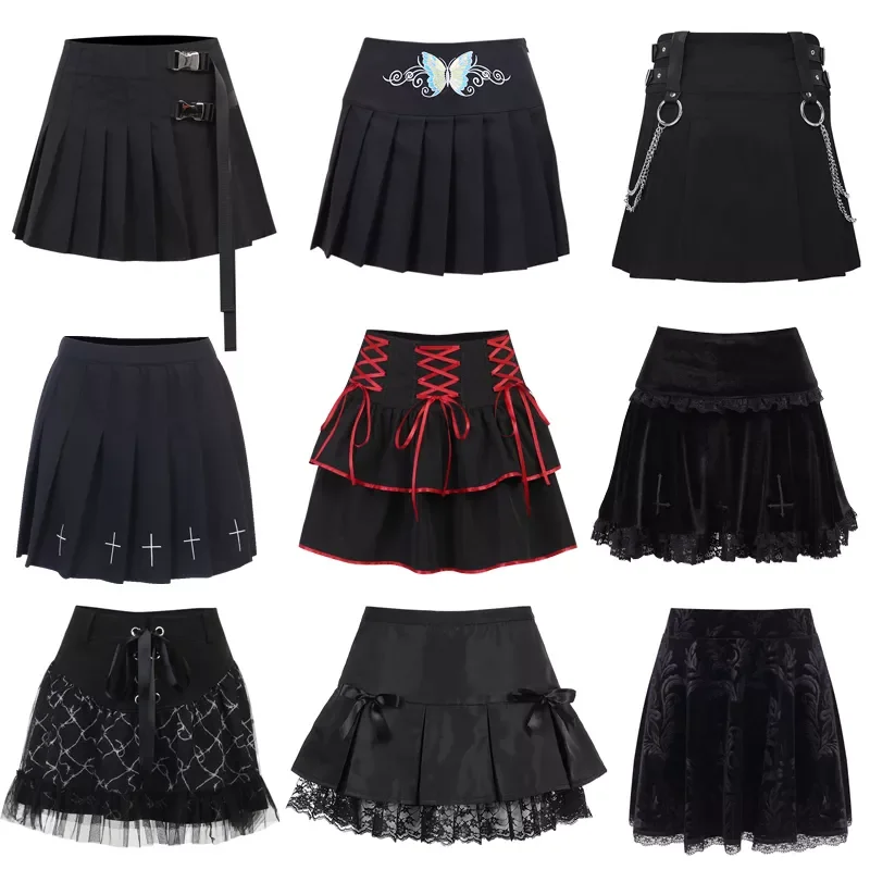 Harajuku Mini Skirt Sexy Y2K Grunge Gothic Black Lace High Waist Pleated A-line Skirt 90s Vintage Women E-girl Clothes