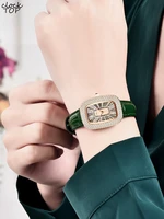 women diamond watch oval dial iced out bezel female wristwatch rhinestone inlay ladies elegant green purple leather clock reloj