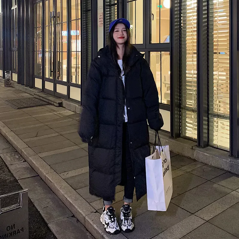 White cotton jacket women's midi length over-the-knee winter loose hooded thick down cotton jacket