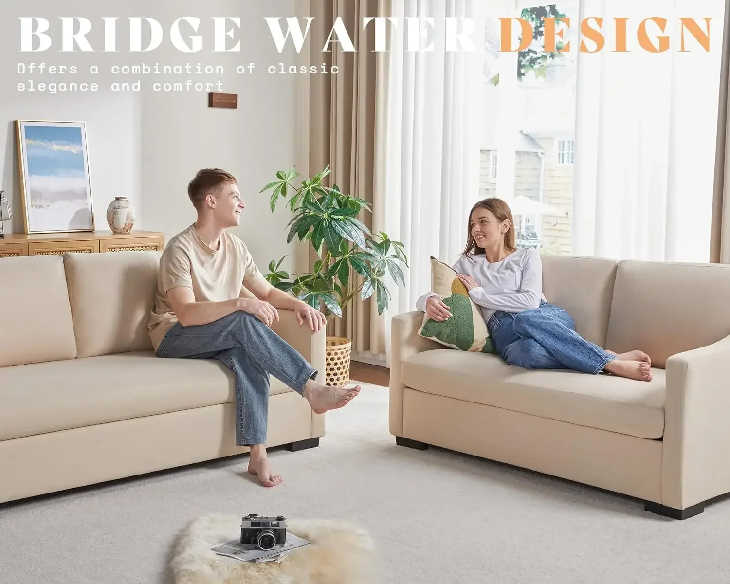 Couch Comfy Sofa with Slope Armrests 2 Piece Set Extra Deep Seat for Living Room Apartment Lounge Beige