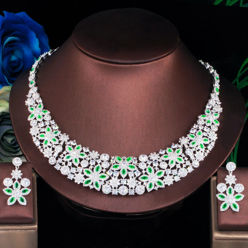 ThreeGraces Exquisite Green Cubic Zirconia Flower Shape Nigerian Dubai Bridal Wedding Evening Dress Jewelry Set for Women TZ858