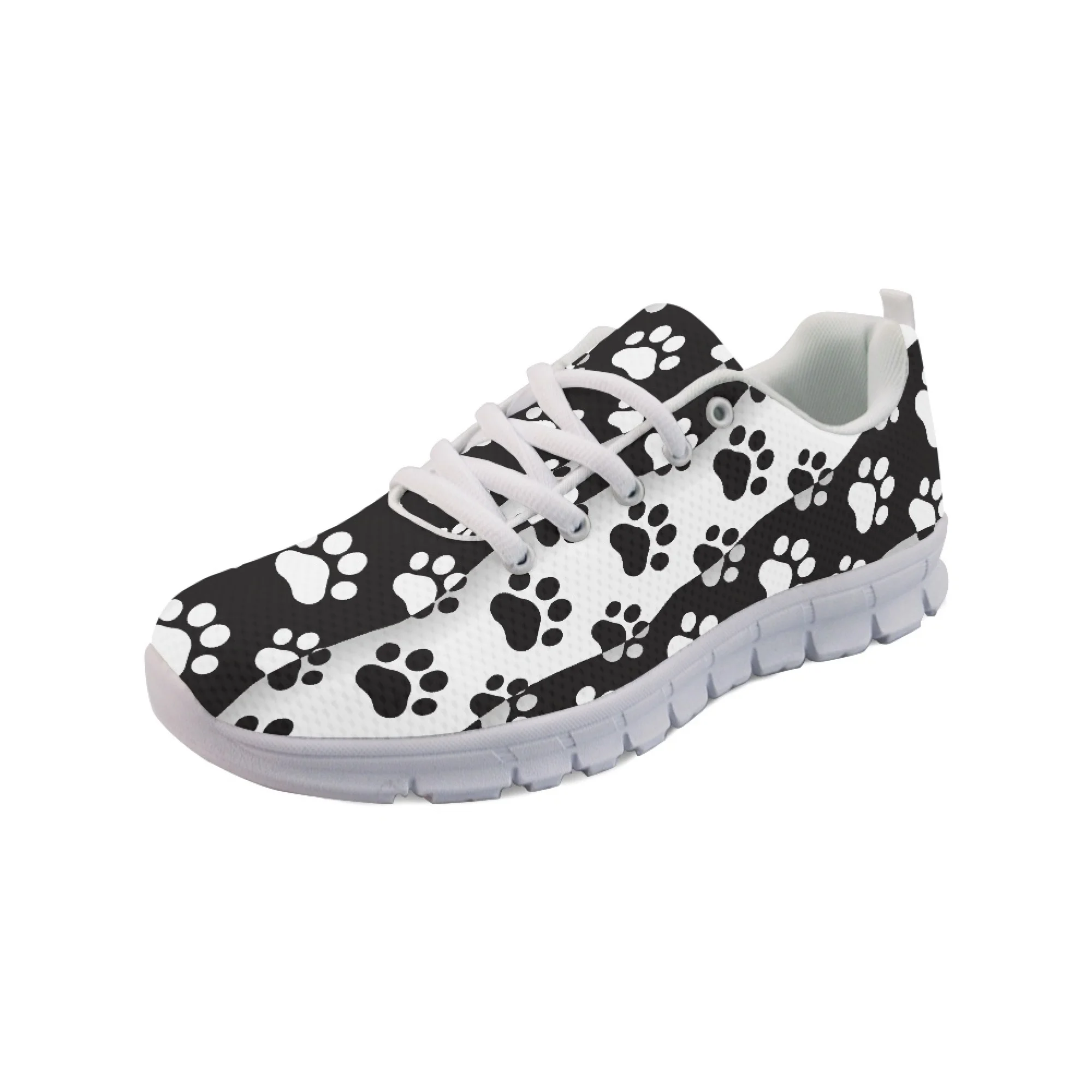 Yikeluo Fashion Black White Paw Printing Women's Sneakers Breathable Flat Shoes for Female Casual Lace Up Walk Shoes Lightweight