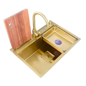 kitchen sink brushed gold 304 stainless steel with knife holder ladder handmade single bowl gold drainer large size free global shipping