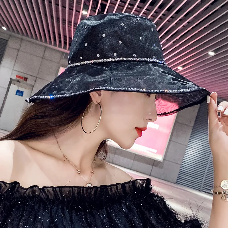 

Light luxury bright diamond hat female spring and summer fisherman hat satin mesh elegant big brim sun hat panama hat
