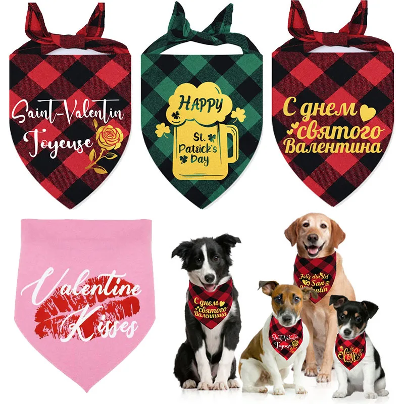 

Holiday Party Plaid Dog Bandanas Cat Towel Valentine For Puppy Cat Supplies Saint Patrick Costume Large Dog Accessories
