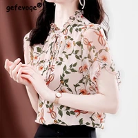 summer fashion ruffle floral print short sleeve blouse women casual elegant chic sweet lace up loose ladies tops chiffon shirts