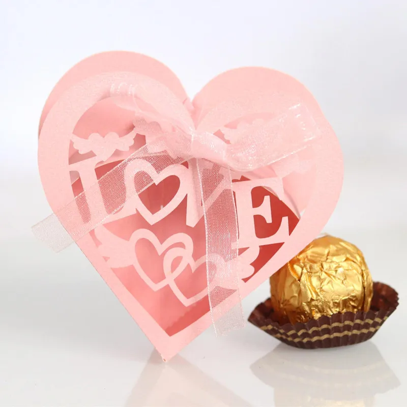 

10pcs Valentine's Day Heart Lase Cut Wedding Sweets Candy Dragee Gift Favour Boxes with Ribbon Table Decorations Packaging