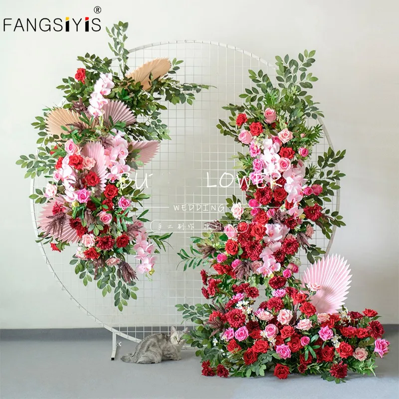 

Custom European Wedding Arch Decor Artificial Flower Wrought Iron Wedding Props Fake Flower Row Wedding Background Flower Wall