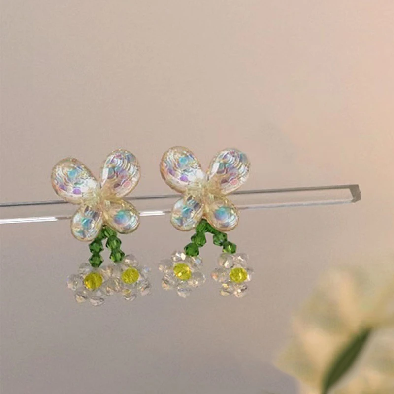 

Chic Summer Handmade Crystal Flower Butterfly Stud Earring for Women Delicate Cute Silver Needle Wholesale Korean Dating Jewelry