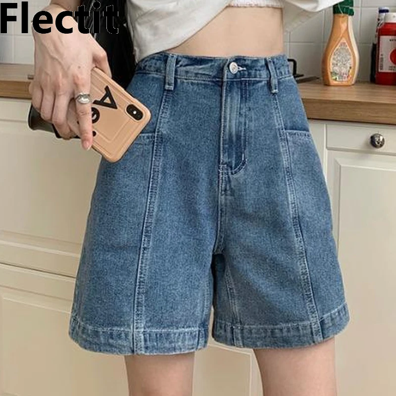 

Flectit Denim Shorts Women Mid Waist Wide Leg Jean Bermuda Shorts Teenage Girls Summer Casual Streetwear