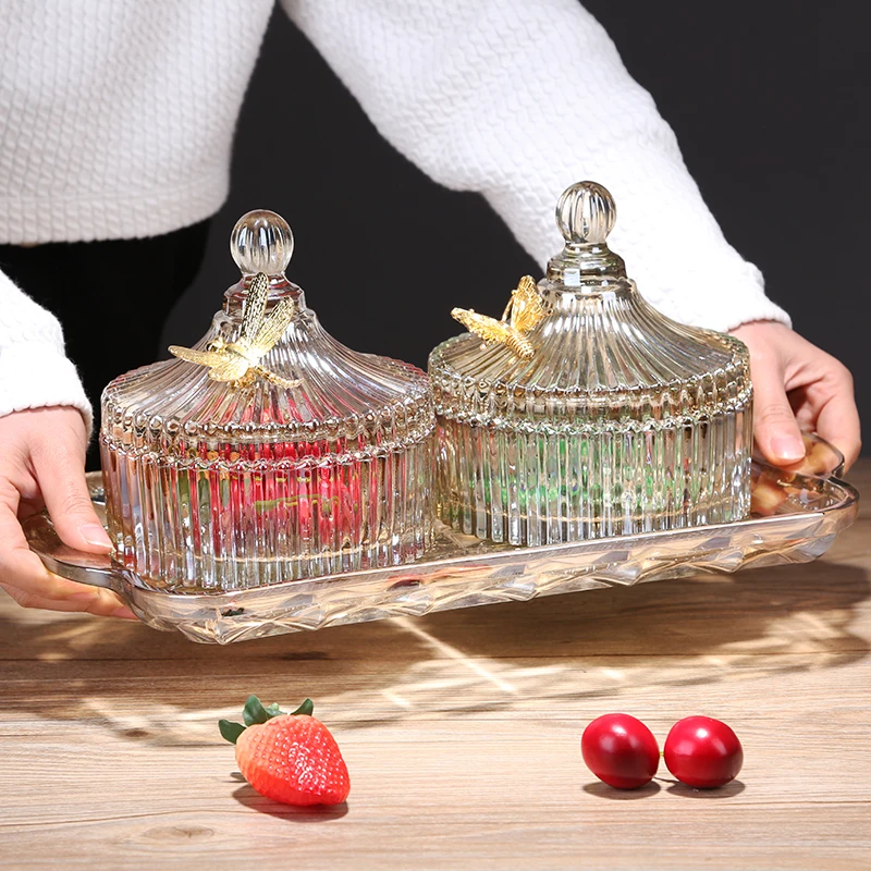 

Home Storage Glass Jars and Lids Crystal Decorated Candy Jar Rectangular Storage Tray Household Snack Storage Jar Dessert Bowl
