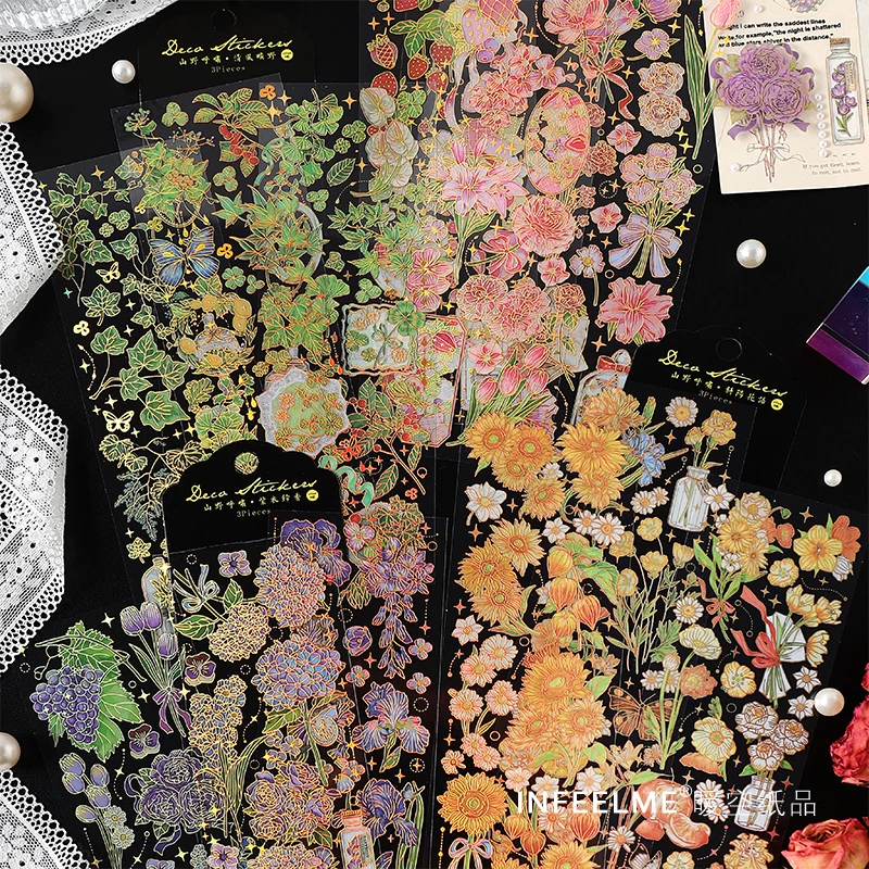 

3 Sheets Retro Flower Bronzing PET Sticker DIY Decorative Junk Journal Craft Scrapbooking Planner Collage Stationery Stickers