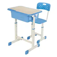 US Stock 1 Set Student  Table  Chair  Set  B White Paint Wood Grain Surface Blue Plastic[60x40x(63-75)cm]