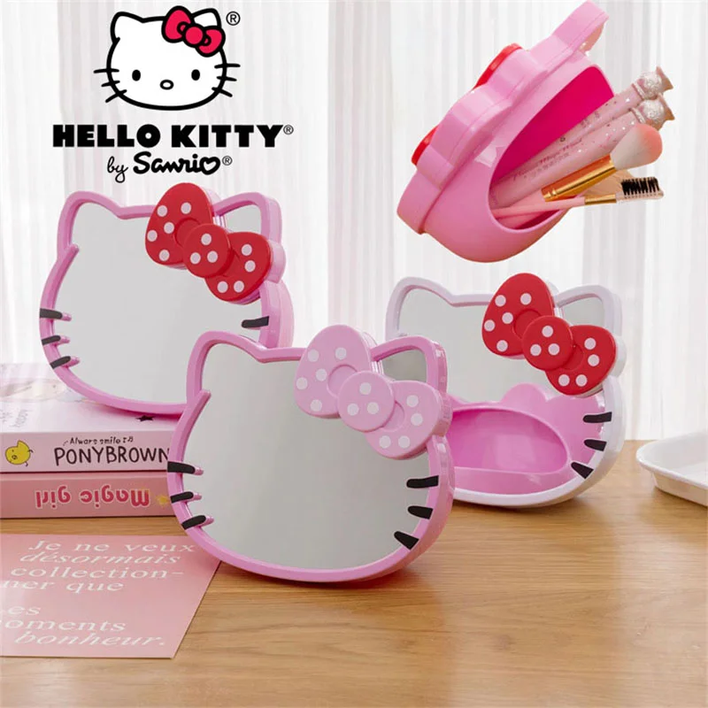 

Sanrio Hello Kitty Makeup Mirror Portable Desktop Mirror Storage Box Makeup Brush Storage Cat Head Shaped Anime Kawaii Cute Girl