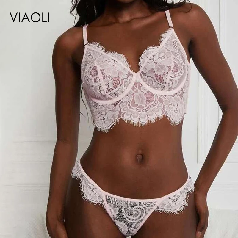 

2022 Eyelash Lace Flower Bra Set Women's Sexy Underwear Thong Suit Mesh Underwire Lingerie Set Baby Doll Clubwear Sexy Lingerie