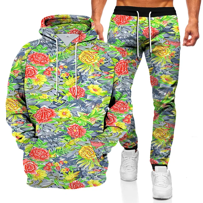 

2021 New Black Cool Men's Hooded Sweatshirt Pants 2 Pieces Digital Printing 3D Pattern Hoodie Pullover Sportswear Hoodies Suits