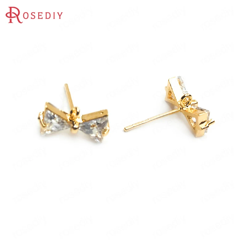 6 шт. латунные серьги-гвоздики с белым цирконом 11 х6 мм