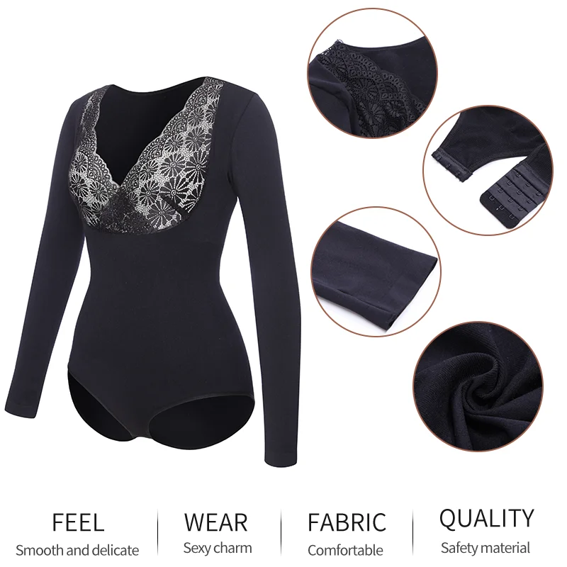 Bodysuits Long Sleeve Seamless Thermal Shaper JOYSHAPER Sexy Lace Patchwork Women Autumn Winter Deep V Neck Shapewear Undershirt