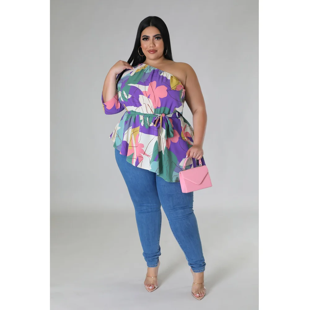 Plus Size Women Floral Tops One Shoulder Shirt For Lady Fashion Casual Outfit Female Belt Cloth 2023 Spring Large Size Tops