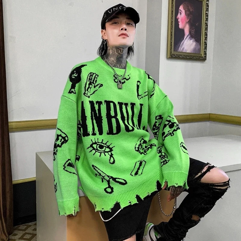

Autumn Winter Ripped Hole Punk Hip Hop Sweater Men Red Green Yellow Color Oversized Pullover Korean Style Graffiti Jersey Hombre