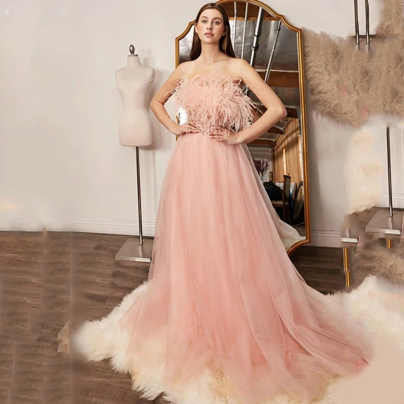 

Gentle Nude Pink Vestido De Novia Feather Neckline Prom Gown Sexy Sleeveless A-line Prom Dress Fairy Beading فستان سهرة