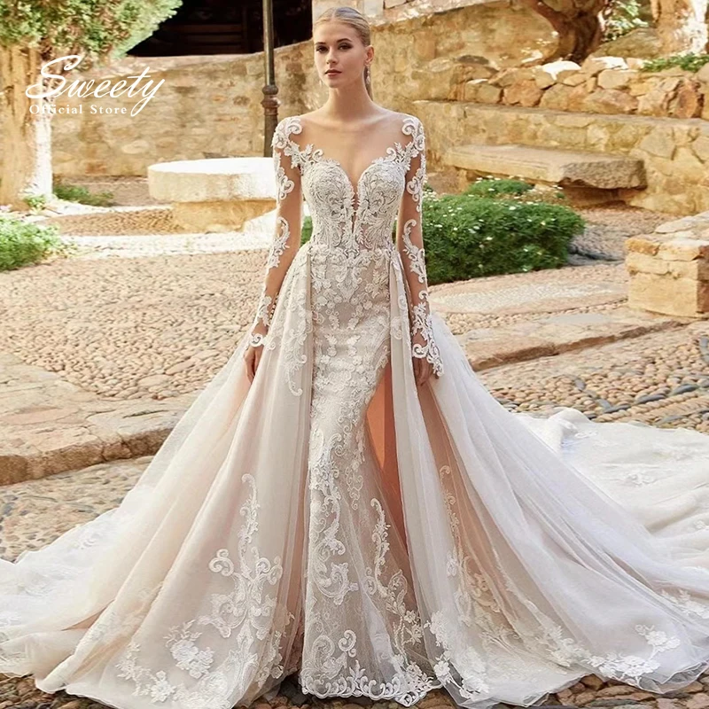 

Luxury Mermaid Detachable 2 In 1 Wedding Dress Embroidered Lace On Net With O-neck Full Sleeve Vintage Gowns Vestido De Novia