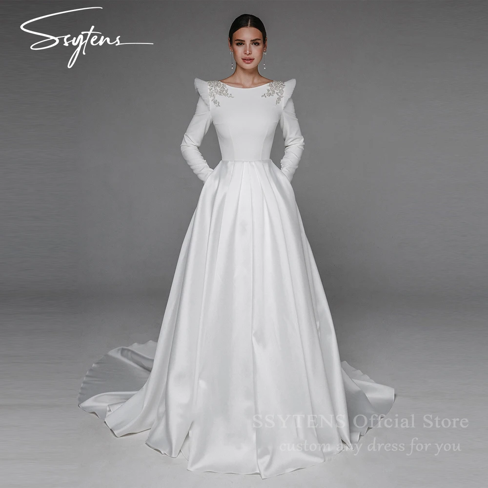 Свадебные платья из эластичного атласа А-силуэта свадебные с длинными рукавами